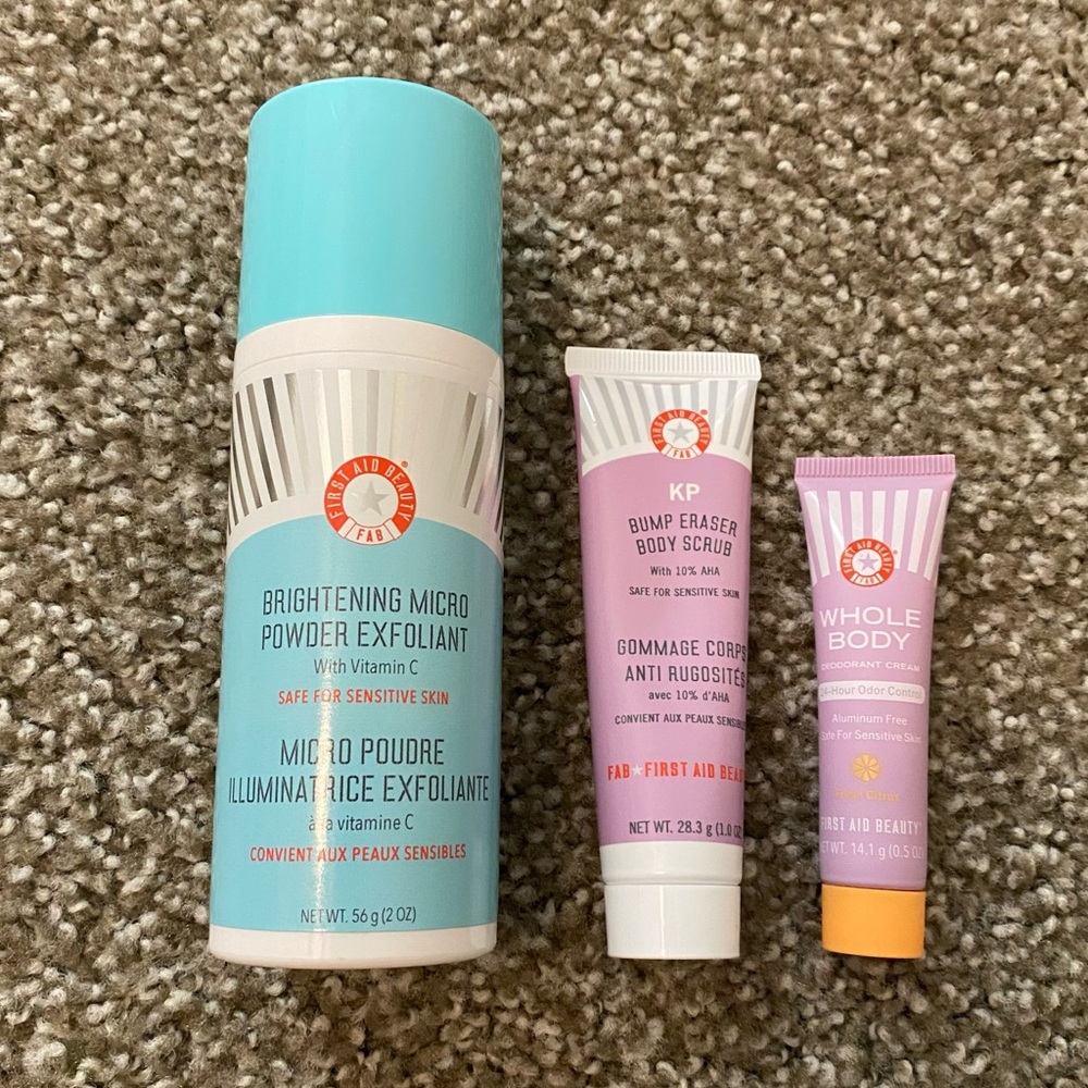 NWT First Aid Beauty Set: Brightening Exfoliant, Bump Scrub, & Body Deodorant